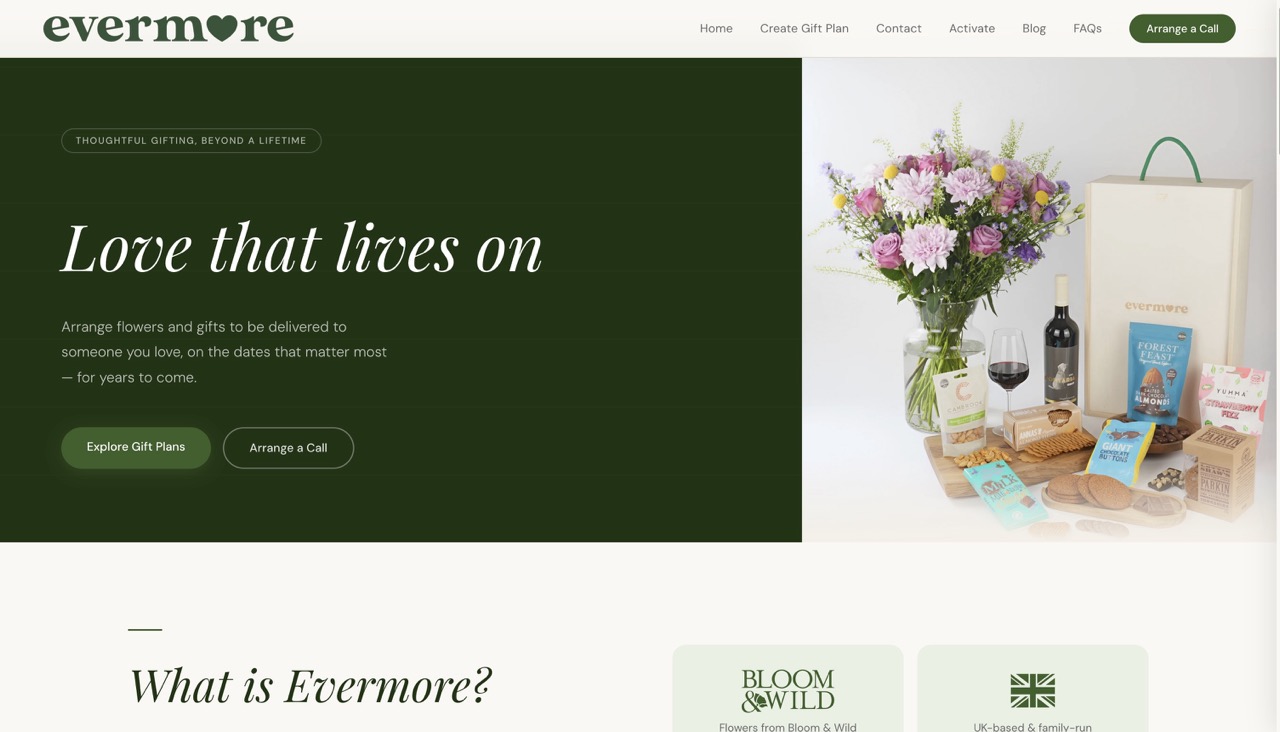 Homepage screenshot of the Evermore online gifting store
